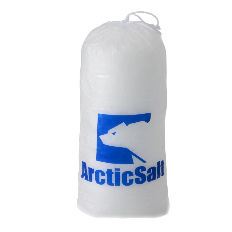 ArcticSalt clear plastic 10kg ice bag with drawstring closure and blue ArcticSalt logo, supplied in a quantity of 50.
