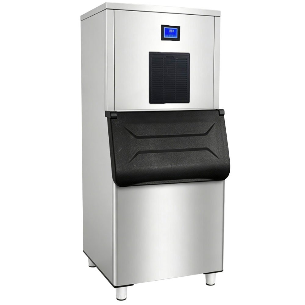 ArcticSalt commercial flake ice maker machine with stainless steel storage bin and 200kg per 24-hour ice production capacity.