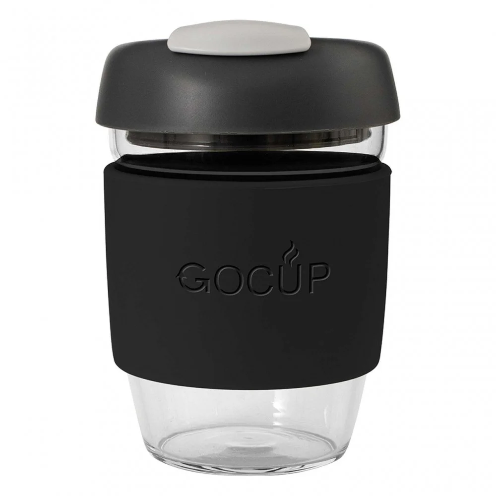 Avanti Glass GoCup 296ml (10oz) reusable coffee cup featuring a clear tempered glass body, black silicone grip, charcoal lid with sip opening, and compact BPA-free design, ideal for takeaway coffee, tea, hot or cold beverages, commuting, travel, home, or 
