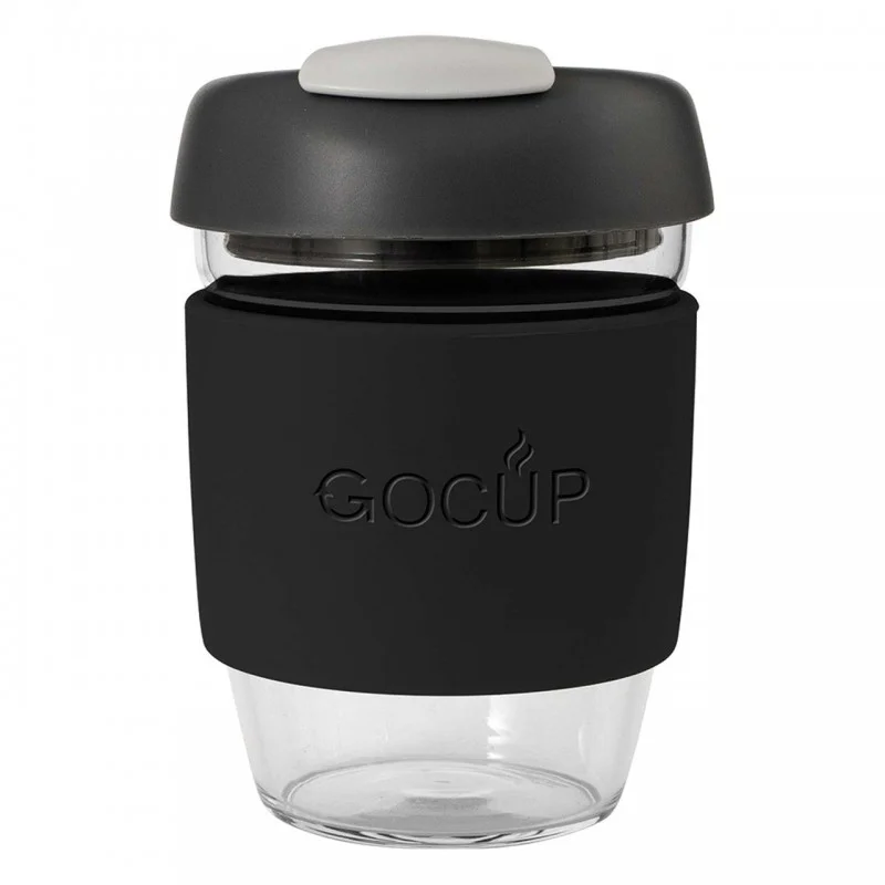 Avanti Glass GoCup 296ml (10oz) reusable coffee cup featuring a clear tempered glass body, black silicone grip, charcoal lid with sip opening, and compact BPA-free design, ideal for takeaway coffee, tea, hot or cold beverages, commuting, travel, home, or 