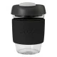 Avanti Glass GoCup 296ml (10oz) reusable coffee cup featuring a clear tempered glass body, black silicone grip, charcoal lid with sip opening, and compact BPA-free design, ideal for takeaway coffee, tea, hot or cold beverages, commuting, travel, home, or 