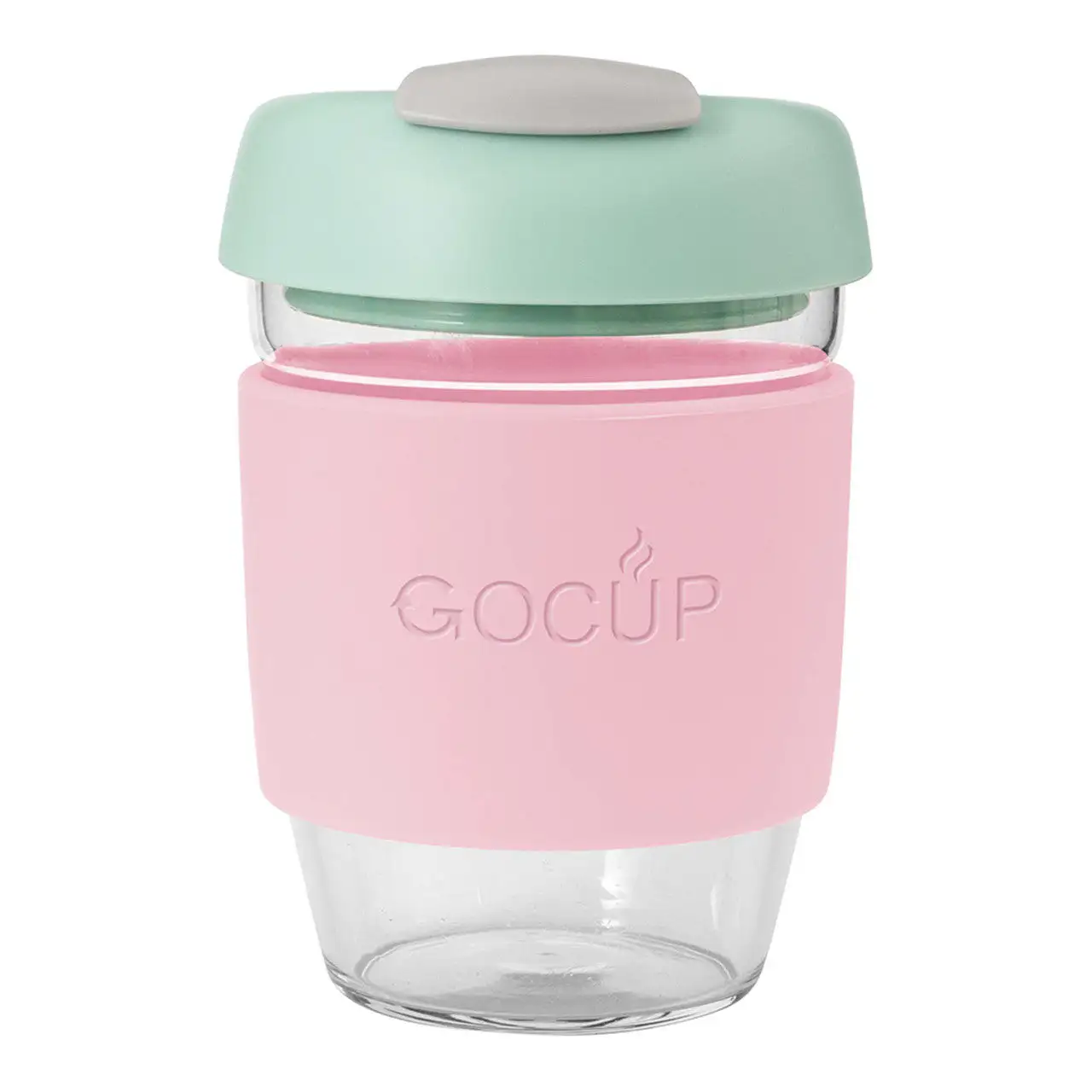 Avanti Glass GoCup 296ml (10oz) reusable coffee cup featuring a clear tempered glass body, black silicone grip, charcoal lid with sip opening, and compact BPA-free design, ideal for takeaway coffee, tea, hot or cold beverages, commuting, travel, home, or 