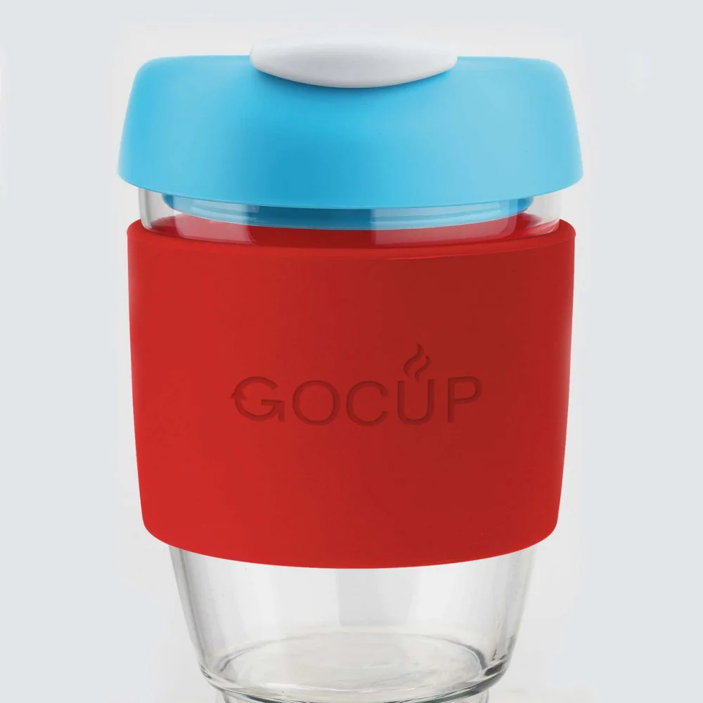 Avanti Glass GoCup 296ml (10oz) reusable coffee cup featuring a clear tempered glass body, black silicone grip, charcoal lid with sip opening, and compact BPA-free design, ideal for takeaway coffee, tea, hot or cold beverages, commuting, travel, home, or 