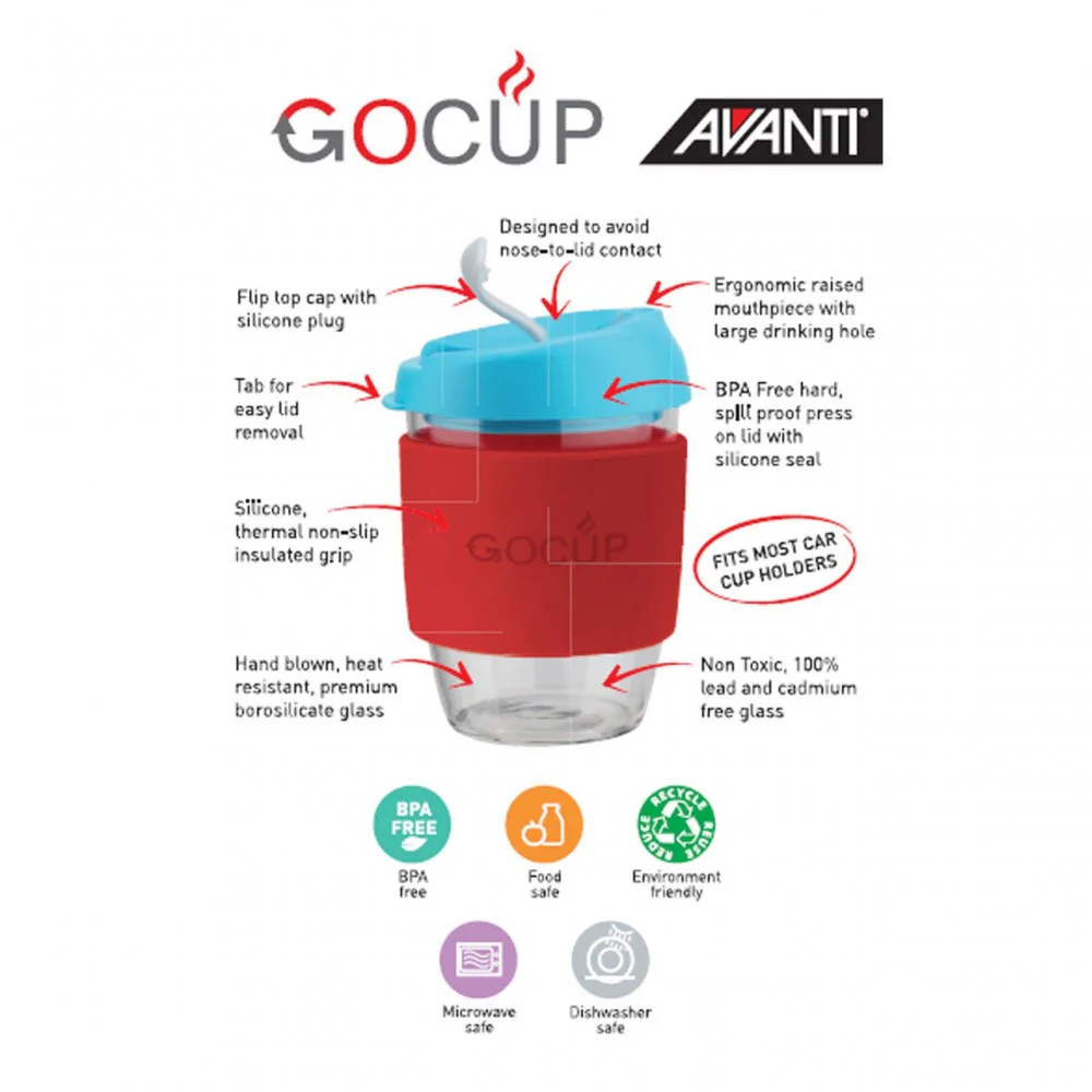 Avanti Glass GoCup 296ml (10oz) reusable coffee cup featuring a clear tempered glass body, black silicone grip, charcoal lid with sip opening, and compact BPA-free design, ideal for takeaway coffee, tea, hot or cold beverages, commuting, travel, home, or 