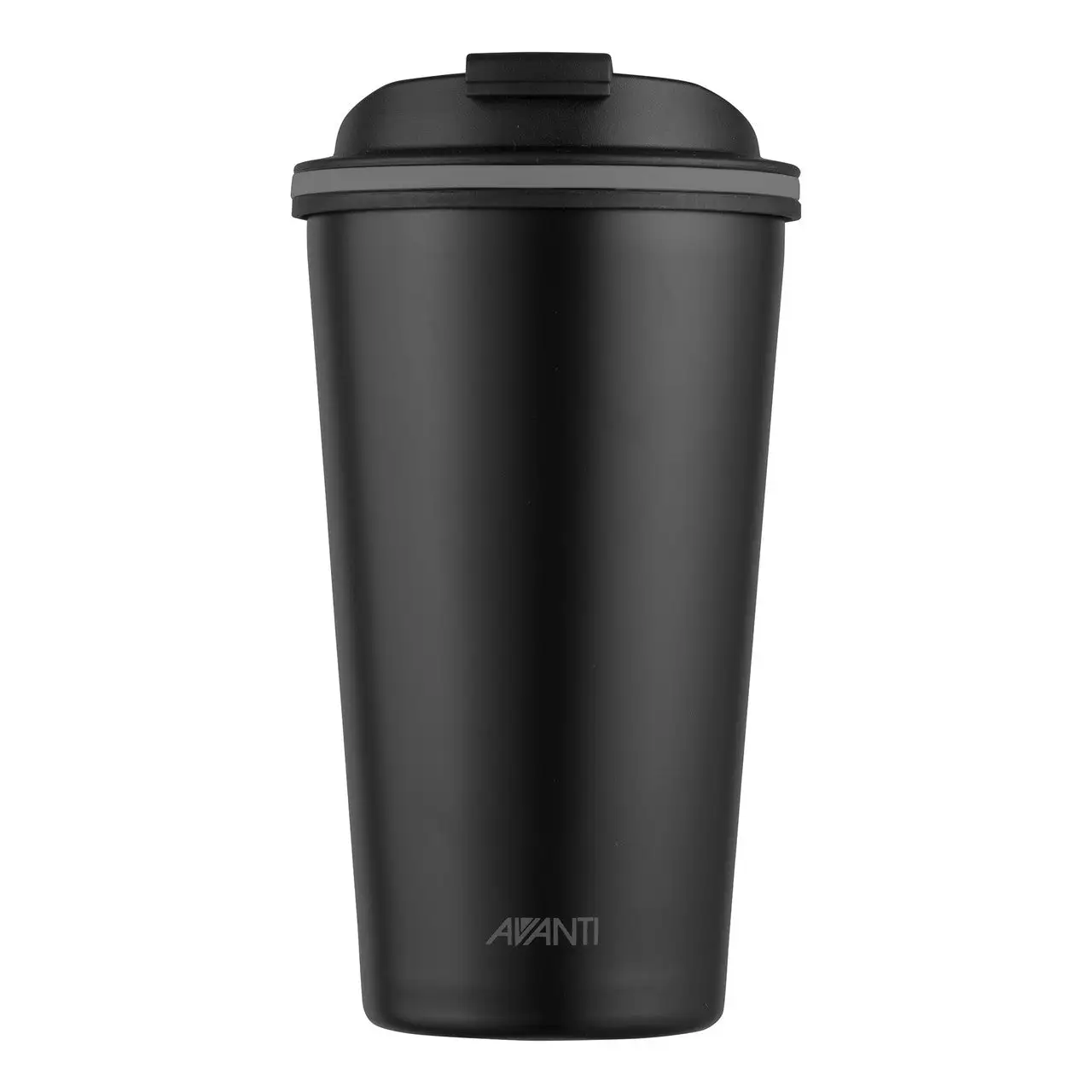 Avanti GoCup 355ml double wall insulated reusable travel cup with matte black finish, secure sip lid and vacuum-insulated stainless steel construction for hot and cold drinks.
