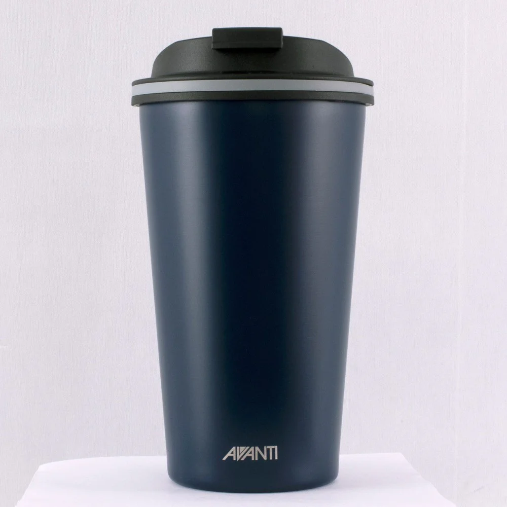Avanti GoCup 355ml double wall insulated reusable travel cup with matte black finish, secure sip lid and vacuum-insulated stainless steel construction for hot and cold drinks.