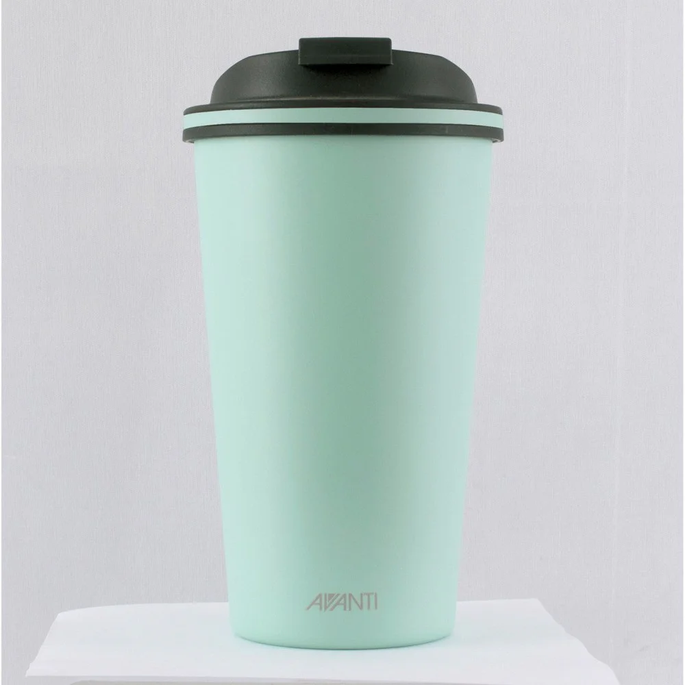Avanti GoCup 355ml double wall insulated reusable travel cup with matte black finish, secure sip lid and vacuum-insulated stainless steel construction for hot and cold drinks.