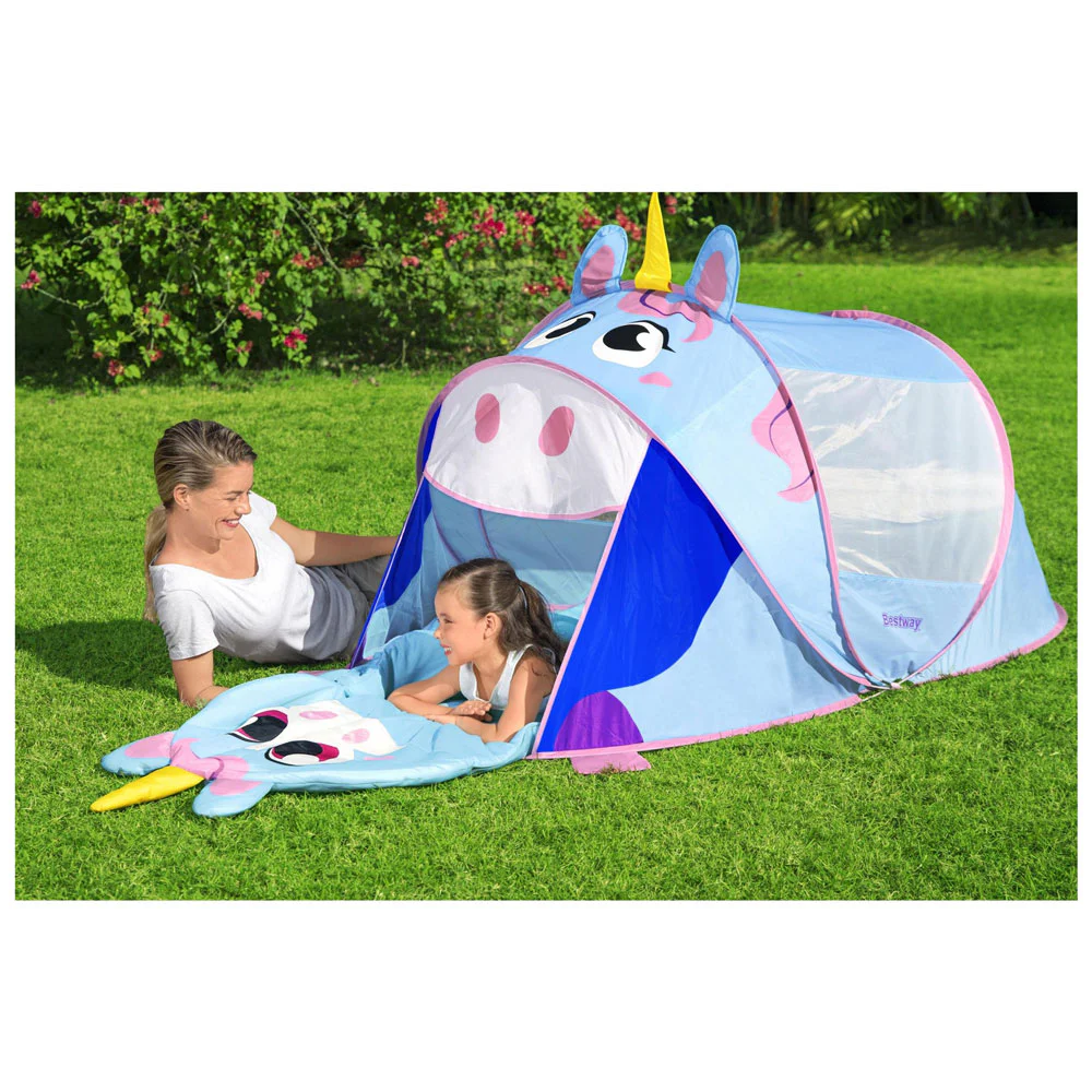 Colorful unicorn-themed pop-up play tent for kids featuring a blue and pink design with a unicorn face, horn, mesh side panels, and a wide front entrance. Lightweight, portable indoor and outdoor play tent that folds flat for easy storage.