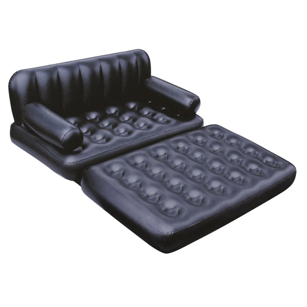 Black inflatable 5-in-1 sofa bed with cushioned backrest, armrests, and a detachable ottoman that converts into a lounger or guest bed. Versatile air sofa for indoor lounging, camping, guest rooms, and temporary sleeping.