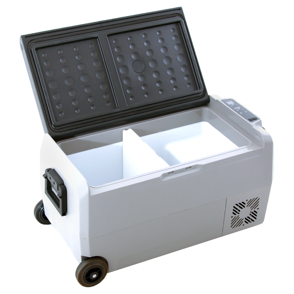 Brass Monkey 36L dual zone portable fridge freezer with digital temperature control, rugged wheels and compact camping design for caravanning, road trips and outdoor refrigeration use