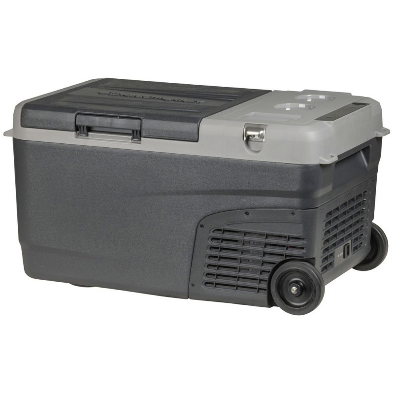Brass Monkey 25L portable fridge freezer with dual battery compartment, integrated wheels and efficient cooling system designed for camping, caravanning, off-grid travel and outdoor refrigeration use