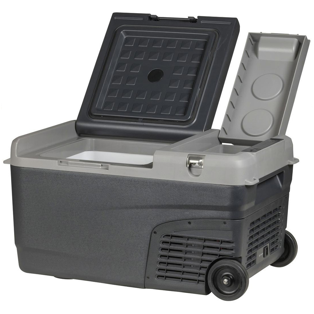 Brass Monkey 25L portable fridge freezer with dual battery compartment, integrated wheels and efficient cooling system designed for camping, caravanning, off-grid travel and outdoor refrigeration use