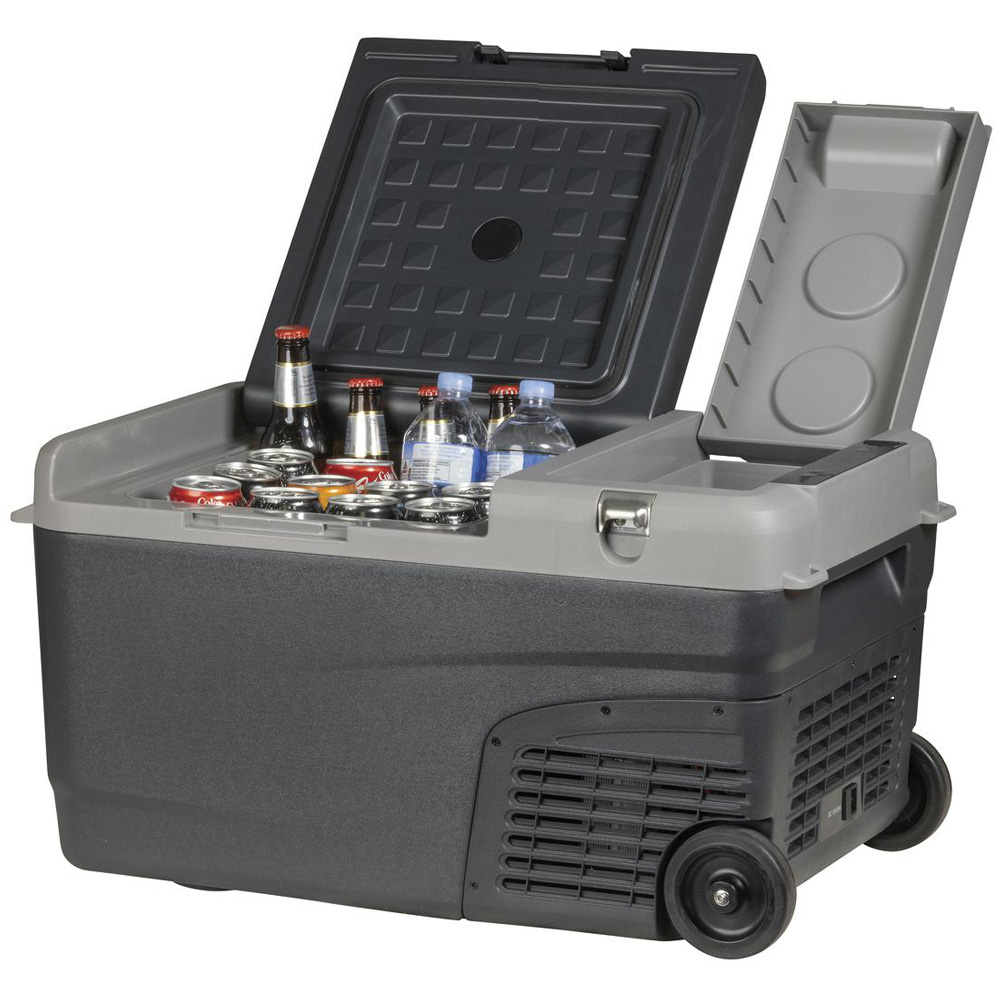 Brass Monkey 25L portable fridge freezer with dual battery compartment, integrated wheels and efficient cooling system designed for camping, caravanning, off-grid travel and outdoor refrigeration use