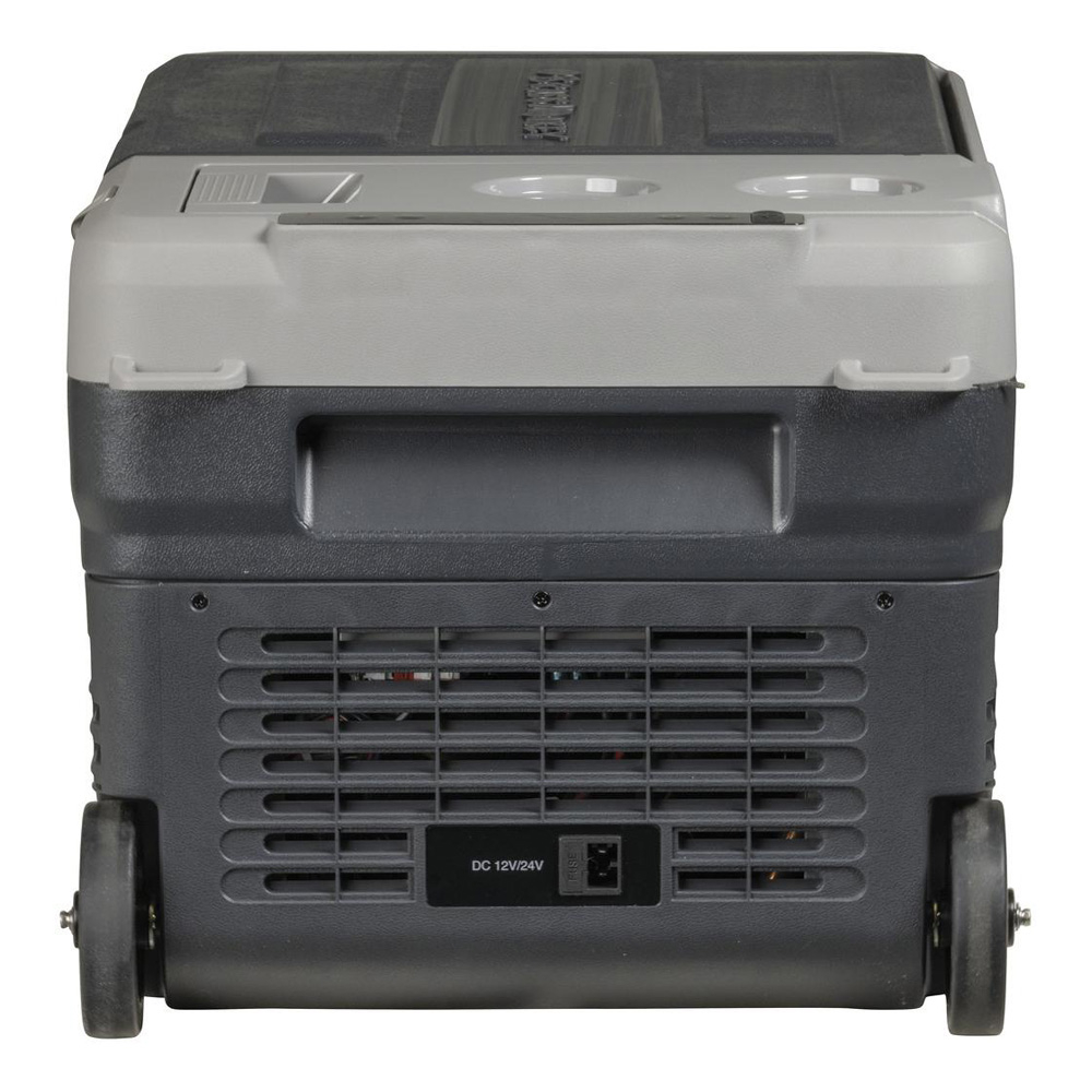 Brass Monkey 25L portable fridge freezer with dual battery compartment, integrated wheels and efficient cooling system designed for camping, caravanning, off-grid travel and outdoor refrigeration use