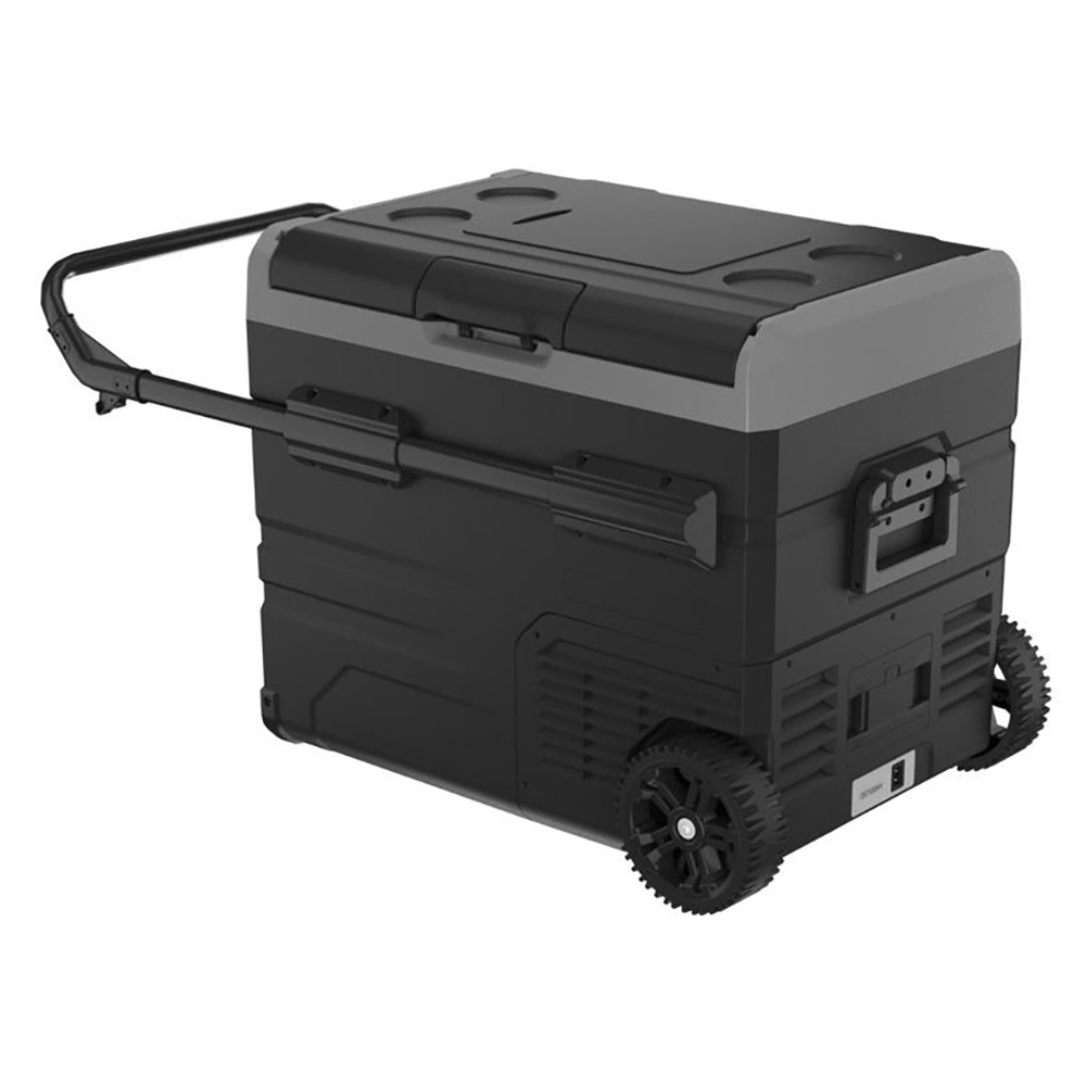 Brass Monkey Ice 45L dual zone portable fridge freezer with rugged wheeled design, extendable trolley handle and digital control panel for camping, caravanning, fishing trips and off-grid outdoor adventures