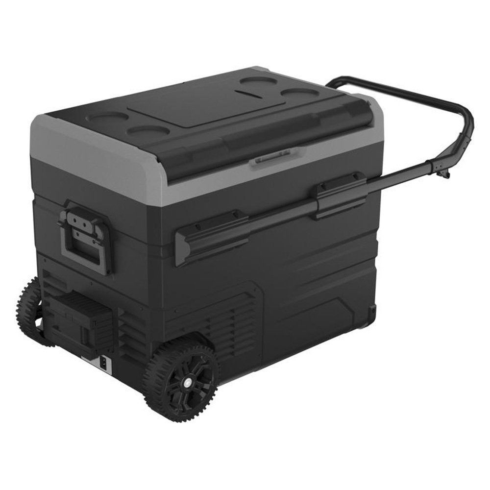 Brass Monkey Ice 45L dual zone portable fridge freezer with wheeled trolley design, extendable handle and digital temperature control for camping, caravanning, fishing trips and outdoor adventures