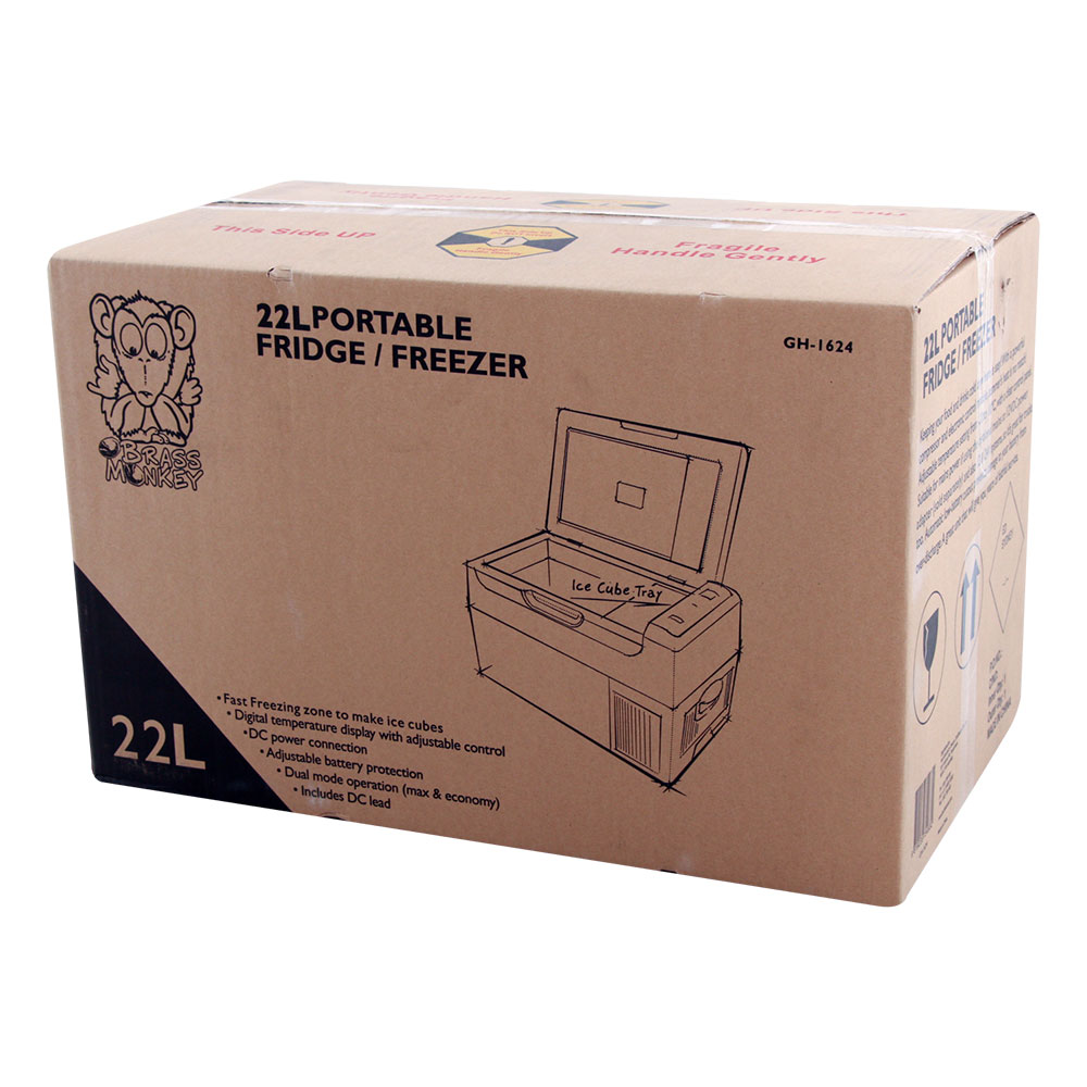 Brass Monkey 22L portable fridge freezer with compact design, digital temperature control and efficient cooling performance for camping, caravanning, road trips and outdoor adventures