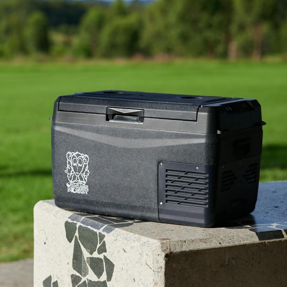 Brass Monkey CFR30 30L portable fridge freezer with 12V and 24V DC operation, compact rugged design and efficient cooling system for camping, caravanning and outdoor travel use