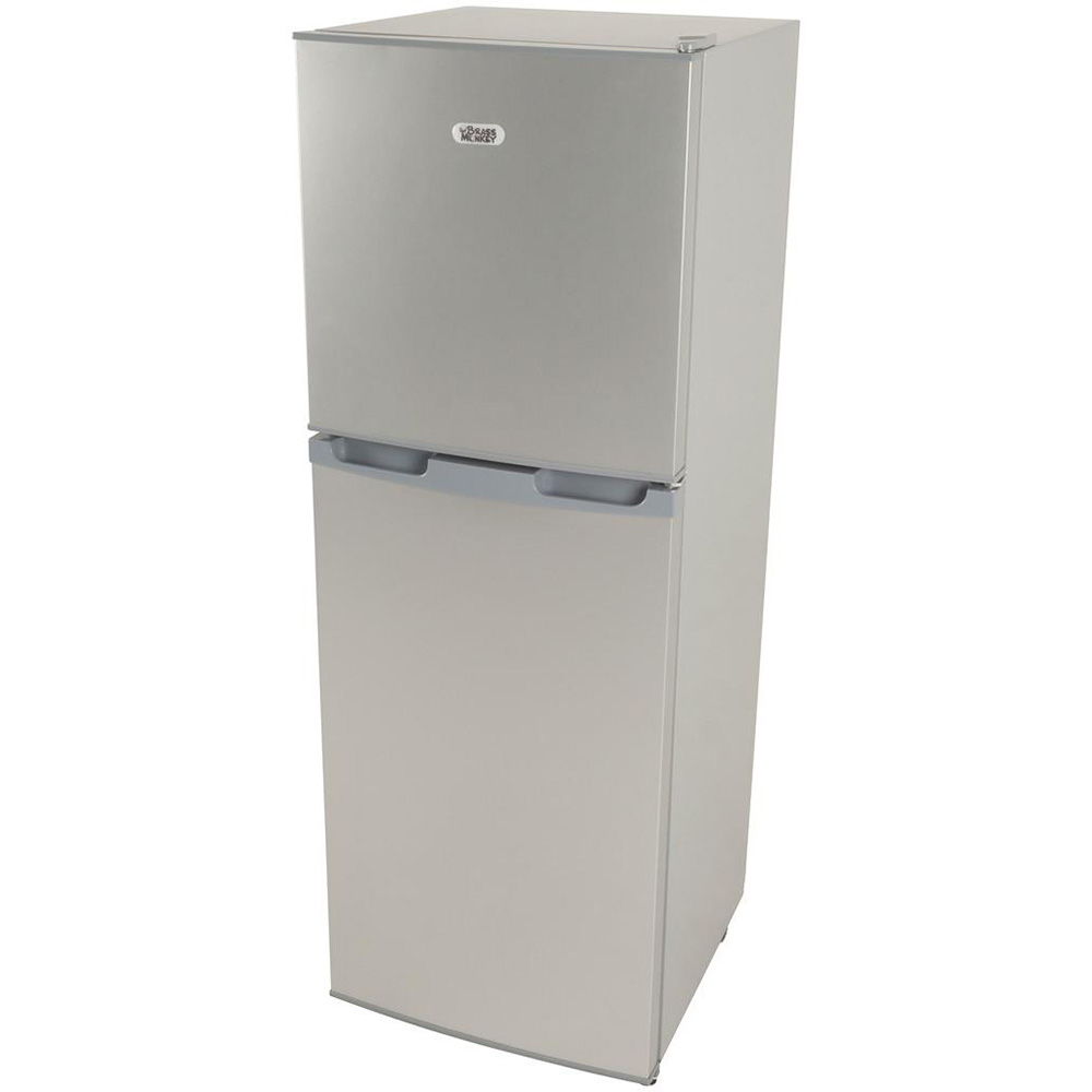Brass Monkey 138L slim-line double door fridge freezer with 12V operation, separate refrigerator and freezer compartments, and space-saving design for caravans, motorhomes, boats and off-grid living setups