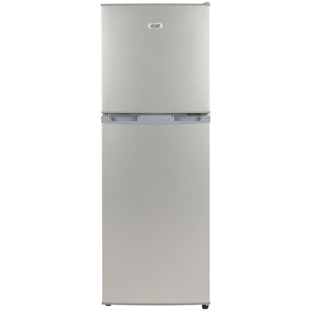 Brass Monkey 138L slim-line double door fridge freezer with 12V operation, separate refrigerator and freezer compartments, and space-saving design for caravans, motorhomes, boats and off-grid living setups