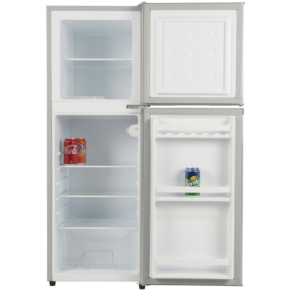 Brass Monkey 138L slim-line double door fridge freezer with 12V operation, separate refrigerator and freezer compartments, and space-saving design for caravans, motorhomes, boats and off-grid living setups