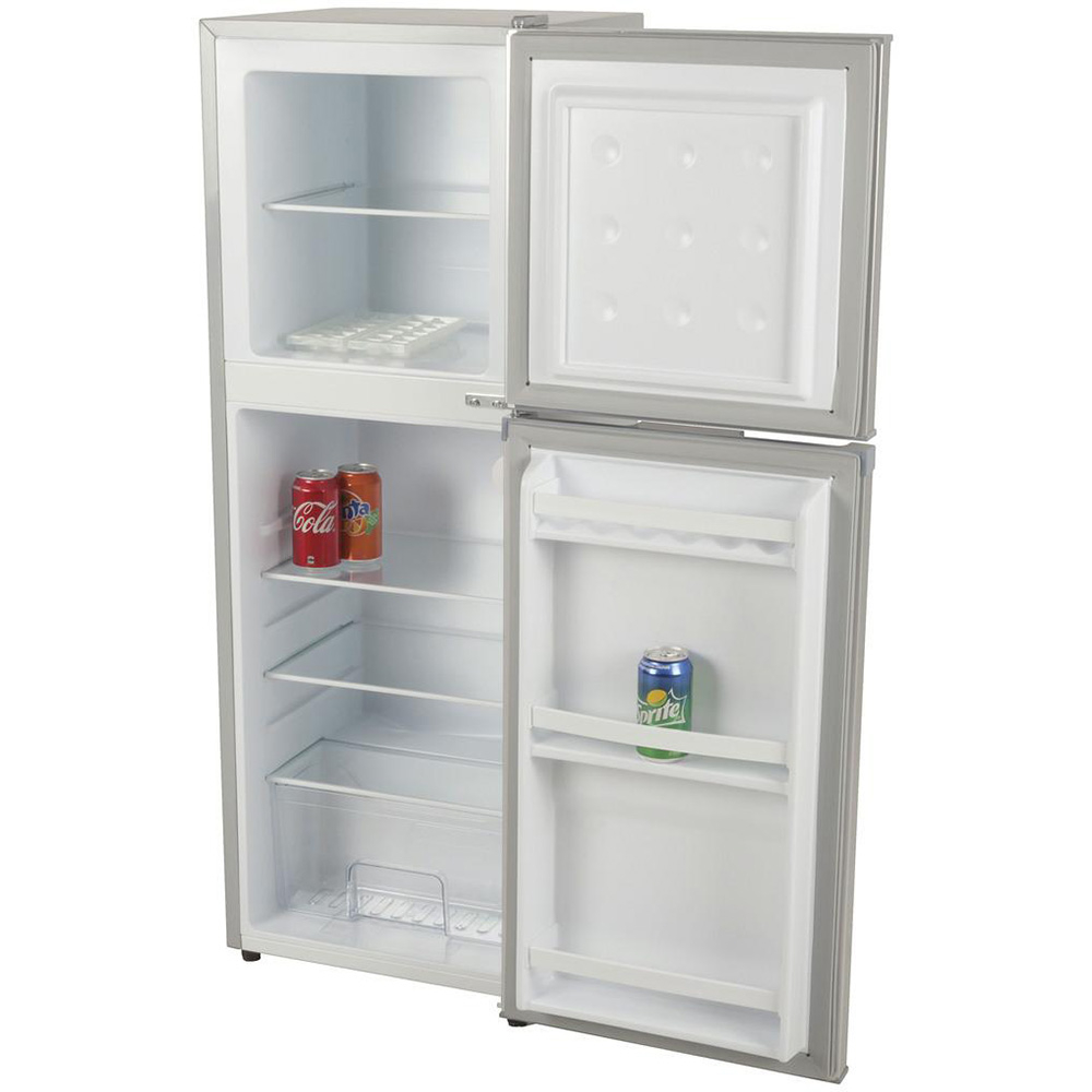 Brass Monkey 138L slim-line double door fridge freezer with 12V operation, separate refrigerator and freezer compartments, and space-saving design for caravans, motorhomes, boats and off-grid living setups