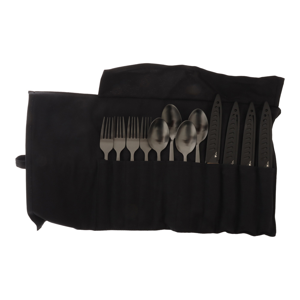 Campfire 12-piece premium camping cutlery set including knives, forks, spoons, carry pouch and storage box designed for camping, picnics and outdoor dining convenience