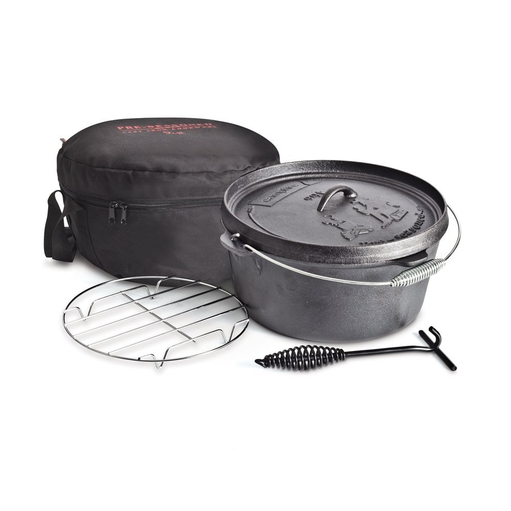 Campfire 4-piece cast iron camp oven cook set with 8.5L camp oven, cooking rack, lid lifter and carry bag designed for camping, outdoor cooking and campfire meal preparation