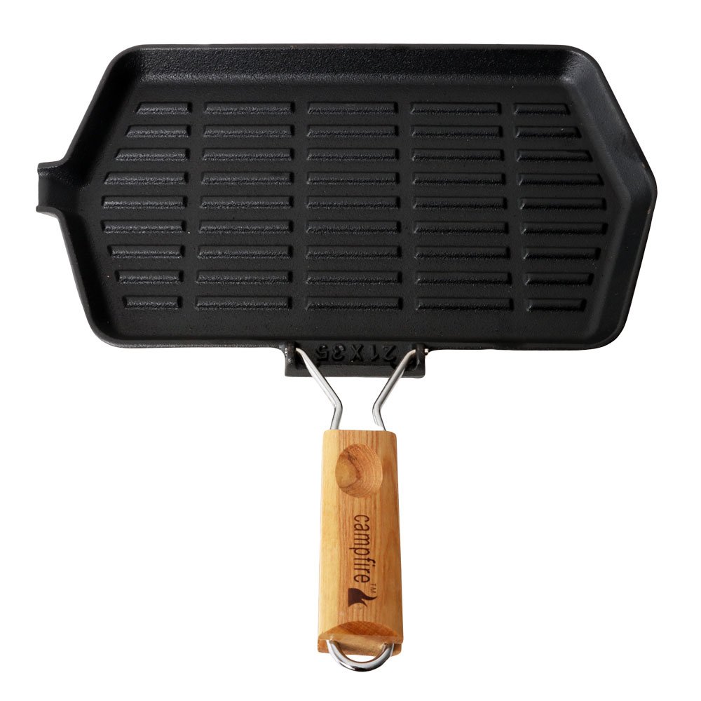 Campfire cast iron griddle frypan with ridged cooking surface and wooden handle designed for camping, barbecues, outdoor cooking and campfire grilling