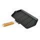 Campfire cast iron griddle frypan with ridged cooking surface and wooden handle designed for camping, barbecues, outdoor cooking and campfire grilling