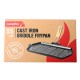 Campfire cast iron griddle frypan with ridged cooking surface and wooden handle designed for camping, barbecues, outdoor cooking and campfire grilling