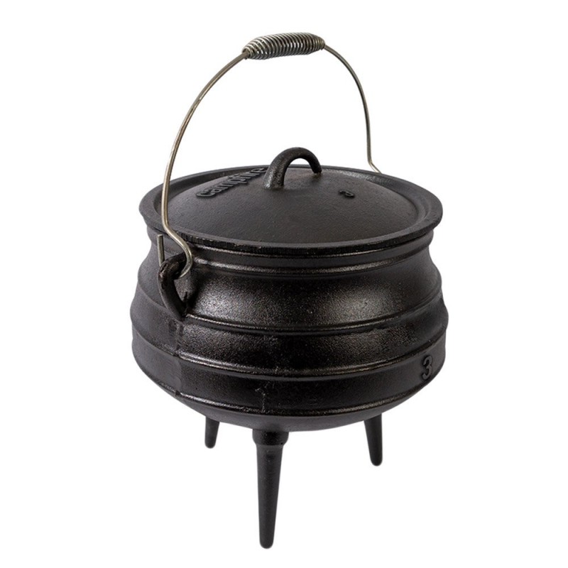 Campfire 8L cast iron Potjie pot with lid, carry handle and sturdy legs designed for slow cooking, stews and outdoor campfire meal preparation