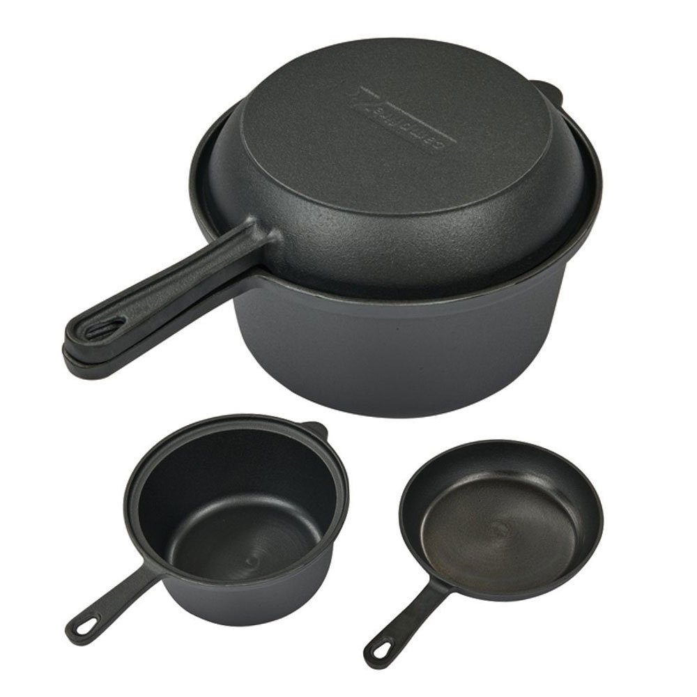 Campfire cast iron saucepan and skillet frying pan combo set with 2.2L capacity and 20cm size designed for camping, outdoor cooking and versatile campfire meal preparation