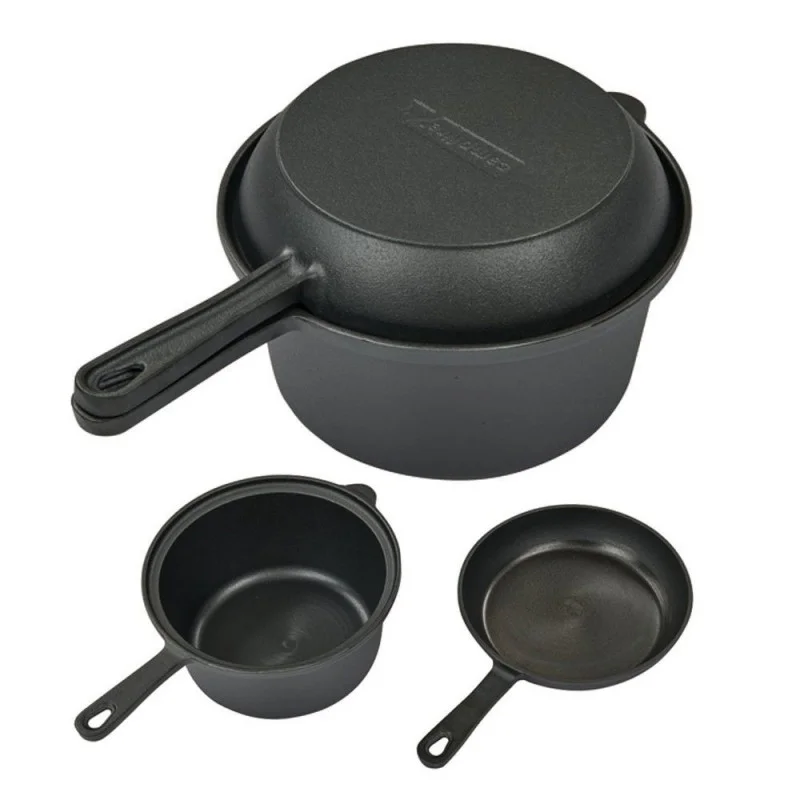 Campfire cast iron saucepan and skillet frying pan combo set with 2.2L capacity and 20cm size designed for camping, outdoor cooking and versatile campfire meal preparation