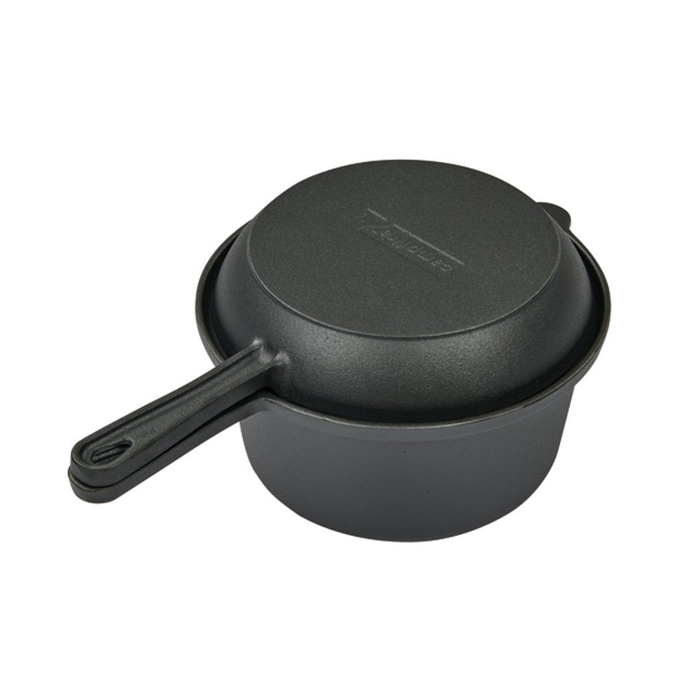 Campfire cast iron saucepan and skillet frying pan combo set with 2.2L capacity and 20cm size designed for camping, outdoor cooking and versatile campfire meal preparation
