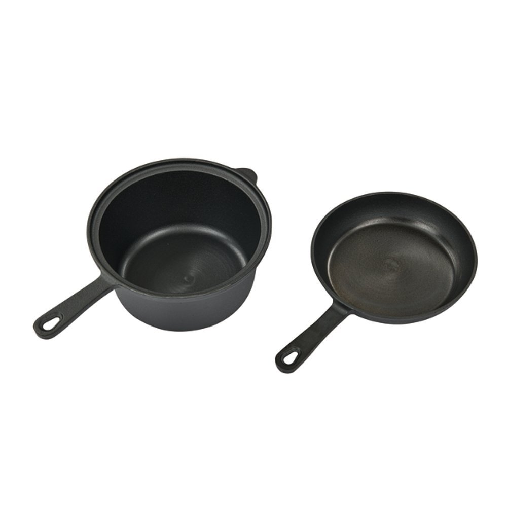 Campfire cast iron saucepan and skillet frying pan combo set with 2.2L capacity and 20cm size designed for camping, outdoor cooking and versatile campfire meal preparation