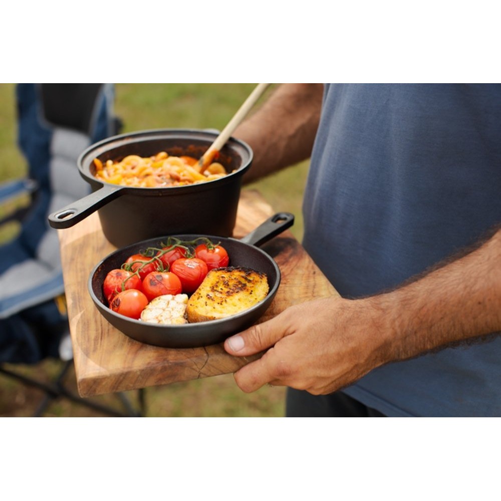 Campfire cast iron saucepan and skillet frying pan combo set with 2.2L capacity and 20cm size designed for camping, outdoor cooking and versatile campfire meal preparation