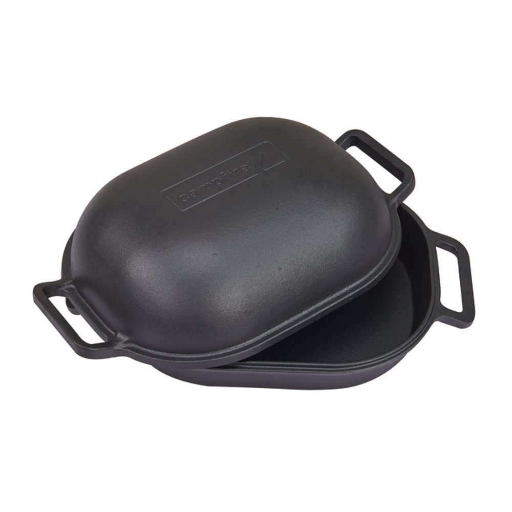 Campfire Combo 4L cast iron camp oven with durable black finish, dual-purpose lid and side handles designed for camping, outdoor cooking and campfire baking adventures