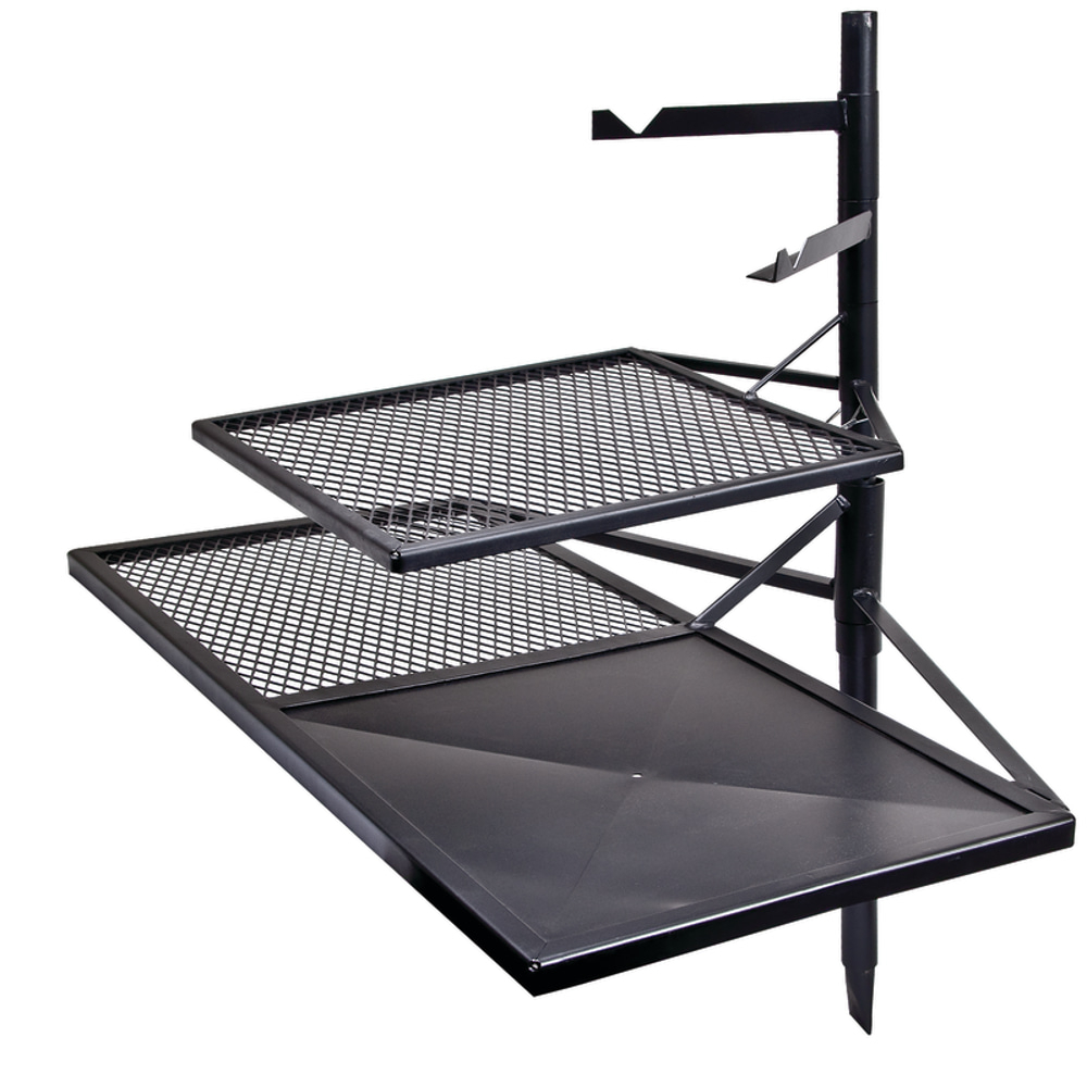 Campfire cooking grill combo with mesh grill racks and solid hotplate surface designed for campfire cooking, outdoor grilling and campsite meal preparation