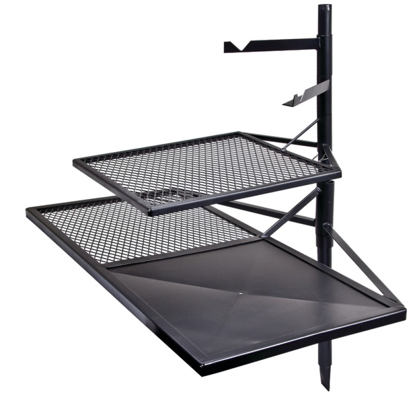 Campfire cooking grill combo with mesh grill racks and solid hotplate surface designed for campfire cooking, outdoor grilling and campsite meal preparation