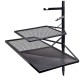 Campfire cooking grill combo with mesh grill racks and solid hotplate surface designed for campfire cooking, outdoor grilling and campsite meal preparation