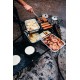 Campfire cooking grill combo with mesh grill racks and solid hotplate surface designed for campfire cooking, outdoor grilling and campsite meal preparation