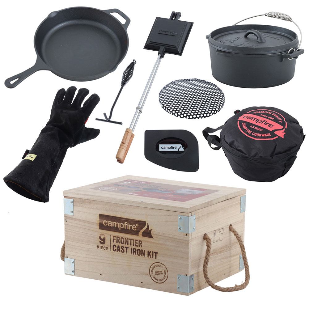 Campfire Frontier 9-piece cast iron cook set featuring skillet, camp oven, cooking accessories, gloves and carry bag designed for camping, outdoor cooking and campfire meal preparation