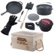 Campfire Frontier 9-piece cast iron cook set featuring skillet, camp oven, cooking accessories, gloves and carry bag designed for camping, outdoor cooking and campfire meal preparation