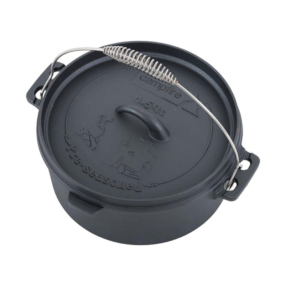 Campfire Frontier 9-piece cast iron cook set featuring skillet, camp oven, cooking accessories, gloves and carry bag designed for camping, outdoor cooking and campfire meal preparation