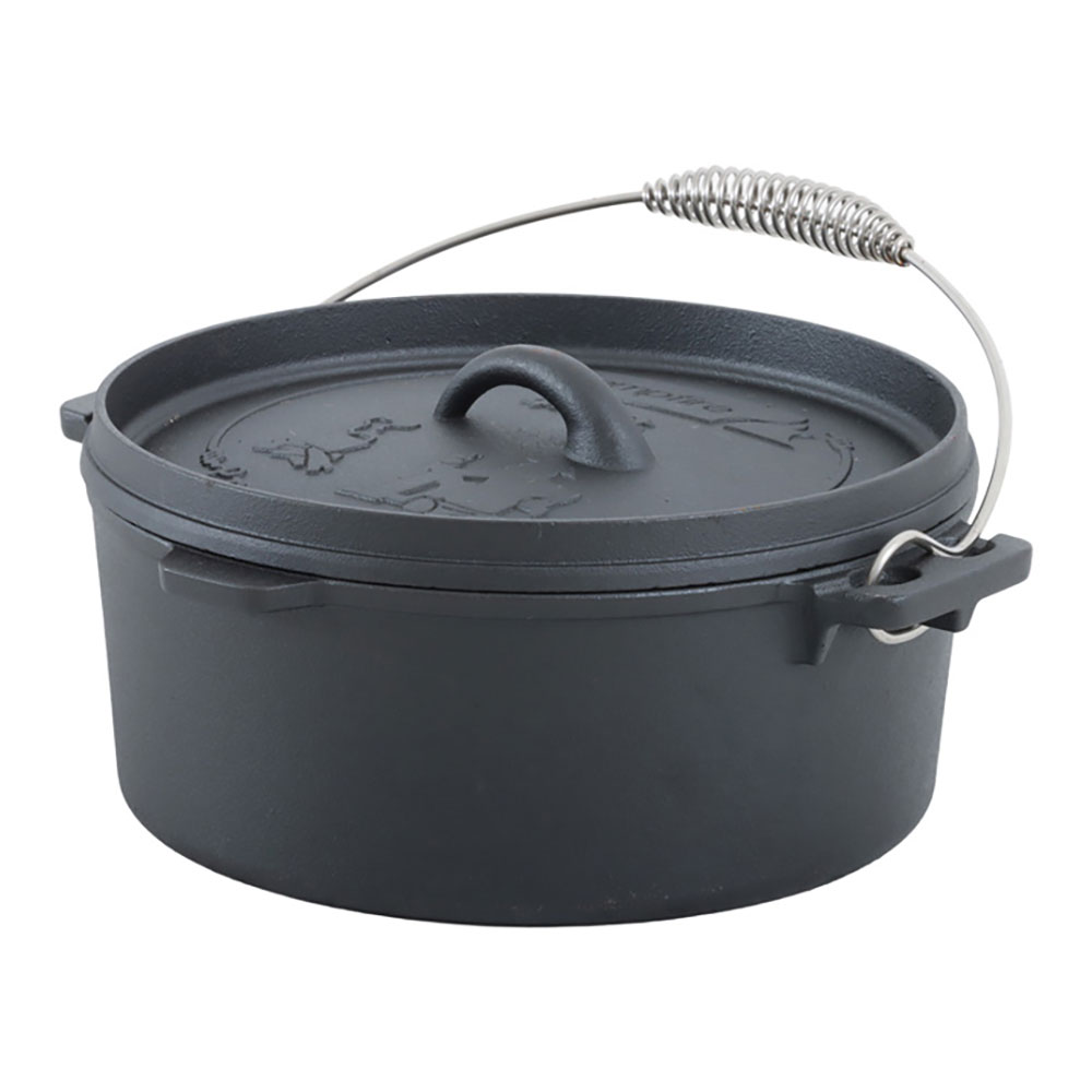 Campfire Frontier 9-piece cast iron cook set featuring skillet, camp oven, cooking accessories, gloves and carry bag designed for camping, outdoor cooking and campfire meal preparation