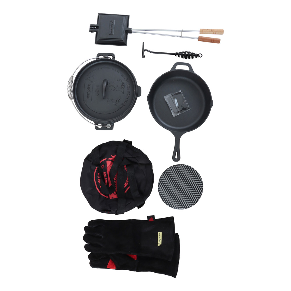 Campfire Frontier 9-piece cast iron cook set featuring skillet, camp oven, cooking accessories, gloves and carry bag designed for camping, outdoor cooking and campfire meal preparation