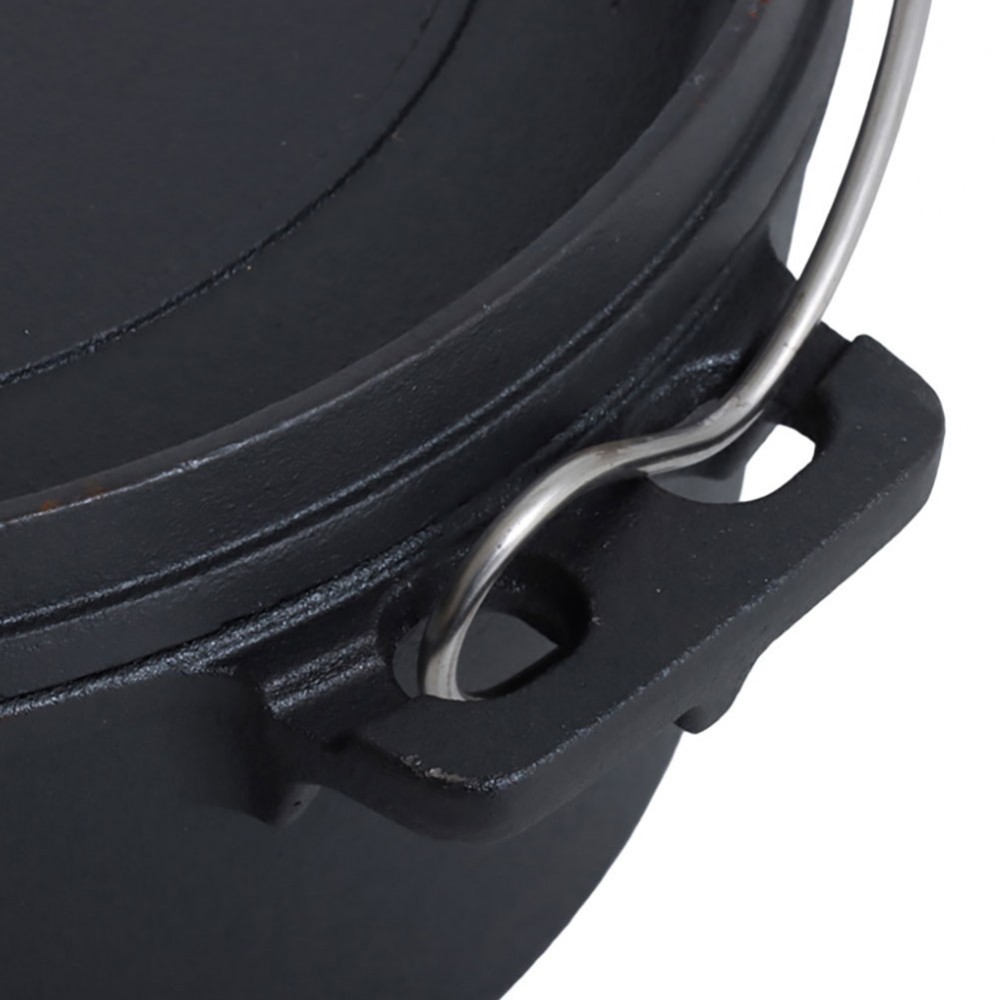 Campfire Frontier 9-piece cast iron cook set featuring skillet, camp oven, cooking accessories, gloves and carry bag designed for camping, outdoor cooking and campfire meal preparation