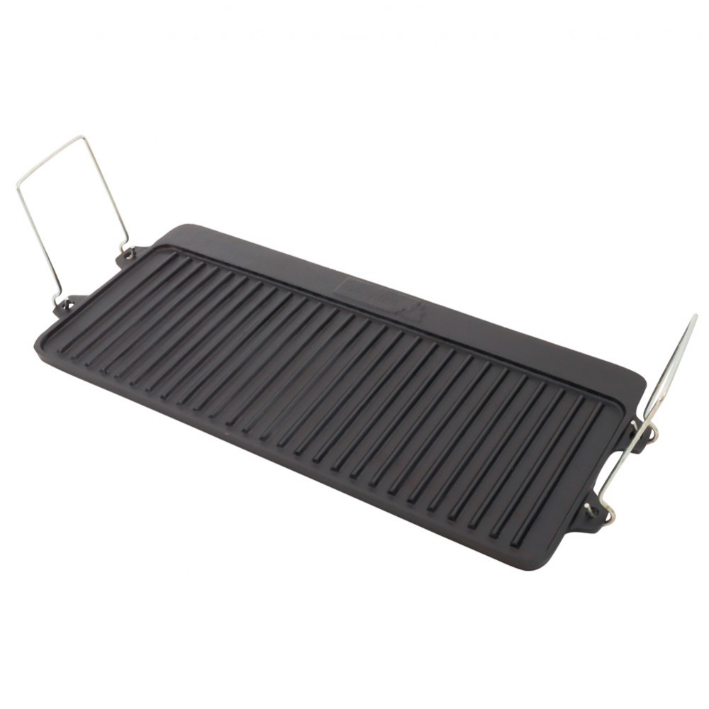 Campfire grill and hotplate combo for 3 burner gas stoves featuring ridged cooking surface and foldable handles designed for camping, outdoor cooking and barbecue meals