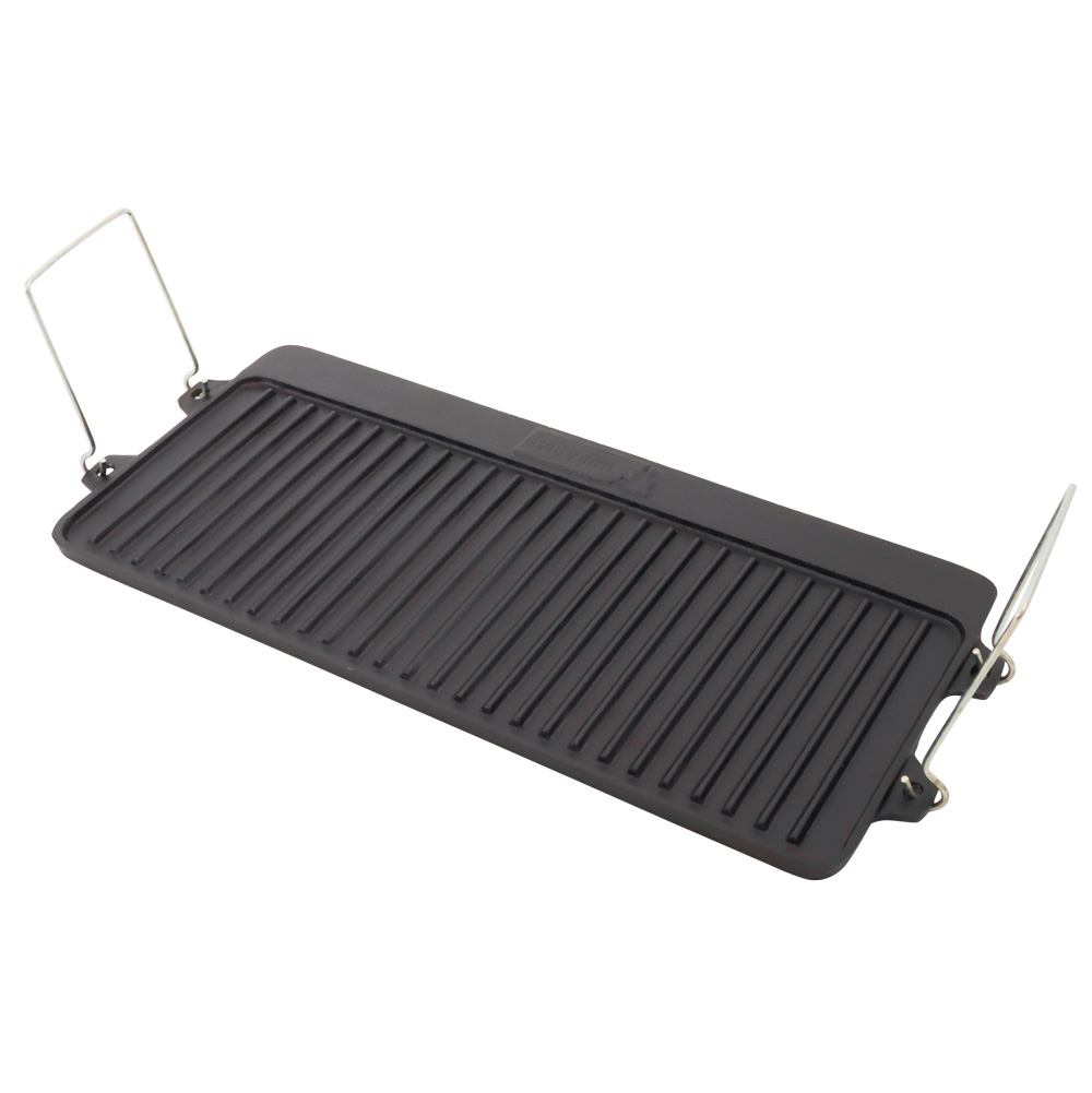 Campfire grill and hotplate combo for 3 burner gas stoves featuring ridged cooking surface and foldable handles designed for camping, outdoor cooking and barbecue meals